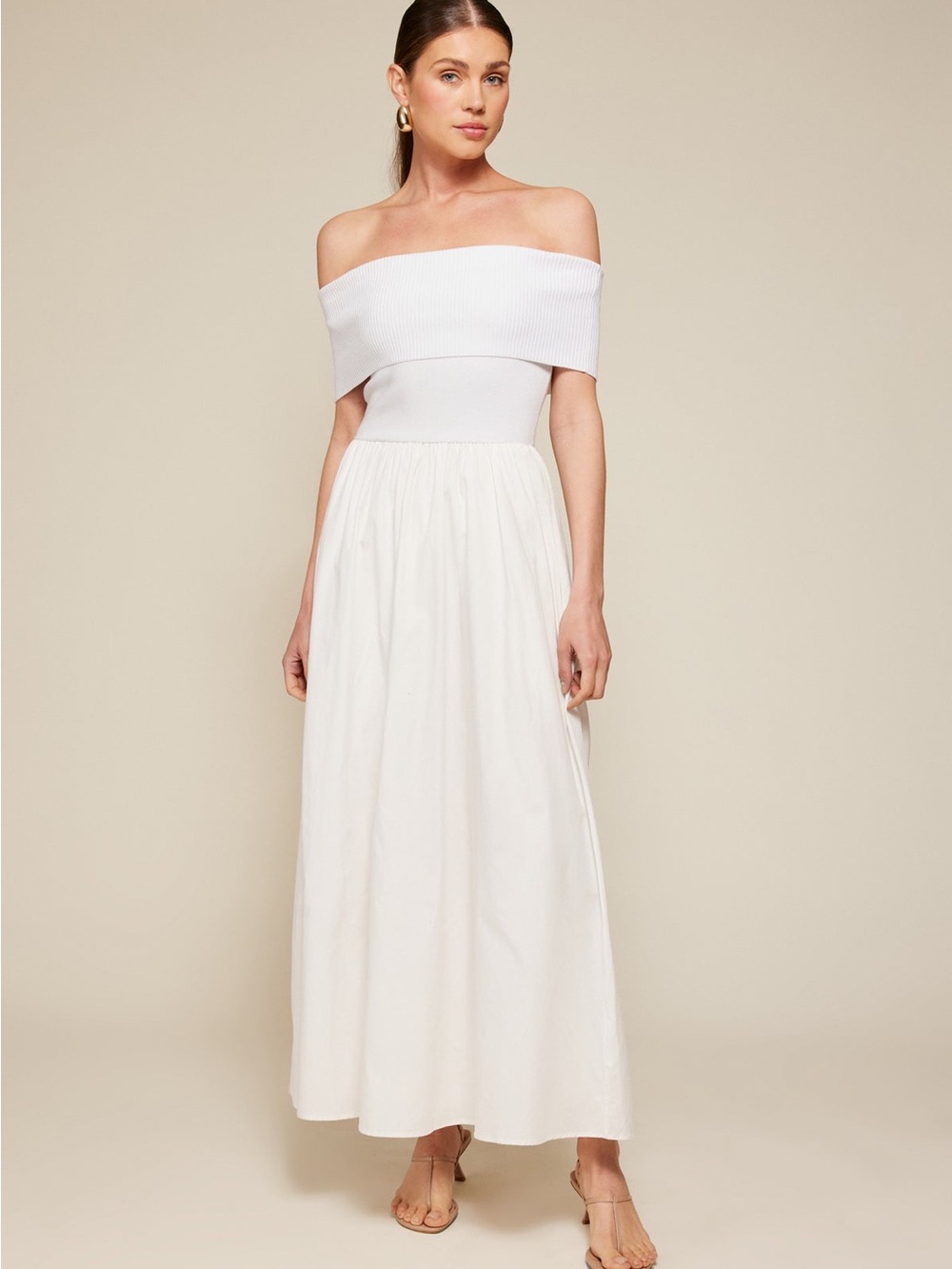 NWT Line and Dot Off-Shoulder Women’s White Maxi Skirt Dress